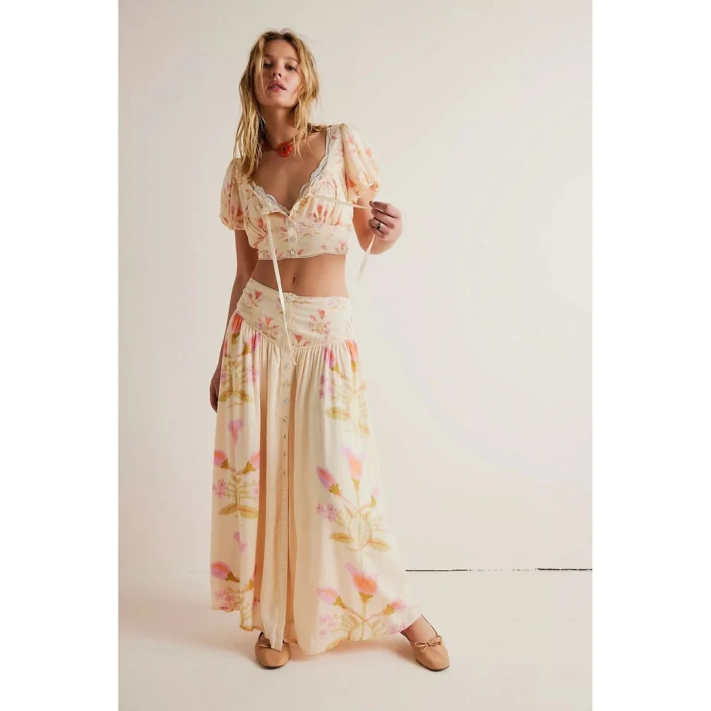 Free People Easy to Love Matching Set Cream Pink Floral Crop Top Skirt Medium